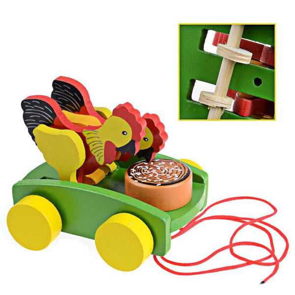 Wooden Cock Pecking Rice Grasping Car Toy