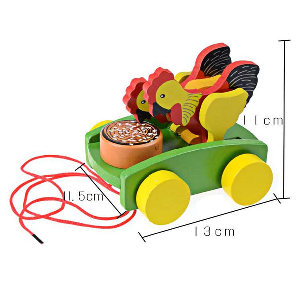 Wooden Cock Pecking Rice Grasping Car Toy